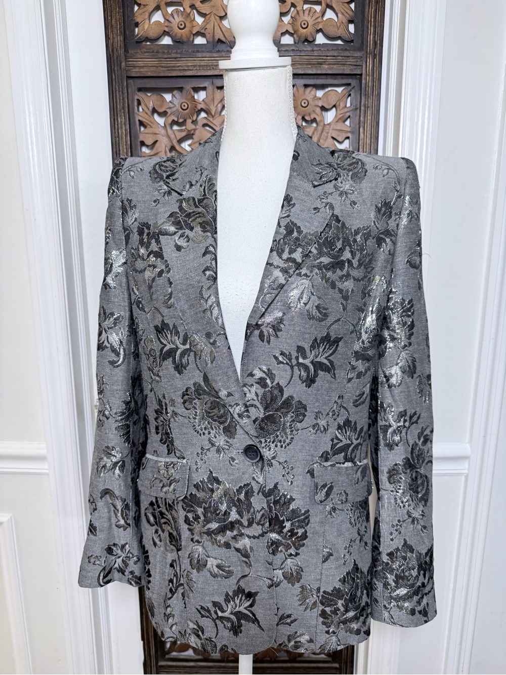 Alice + Olivia for Scoop Floral Woven Blazer Silk Lined Gray Silver Size L